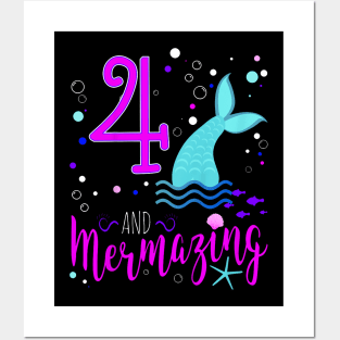 Kids Mermaid Girls 4Th Birthday 4 Years Old Party Posters and Art